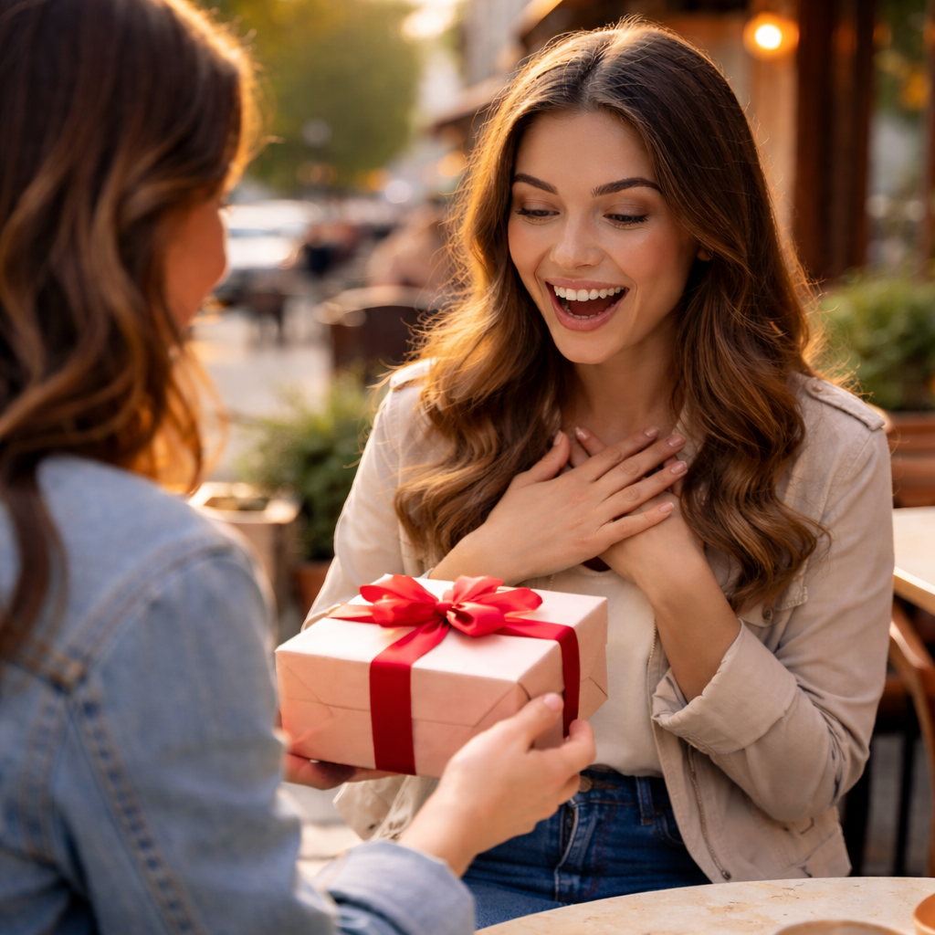 Image of a girl receiving gift from a friend in excitement